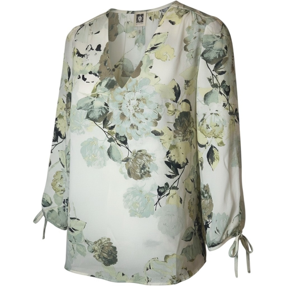 NWT Anne Klein Petite V Neck Roll Tab Sleeve Blouse White Dove Multi Floral PXS